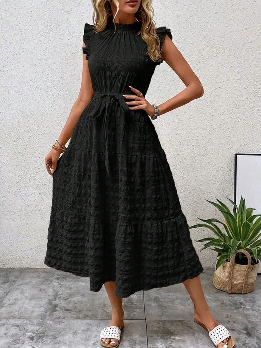 Women Clothing Summer Fashionable Stringy Selvedge Flying Sleeves Lace Up Texture Dress