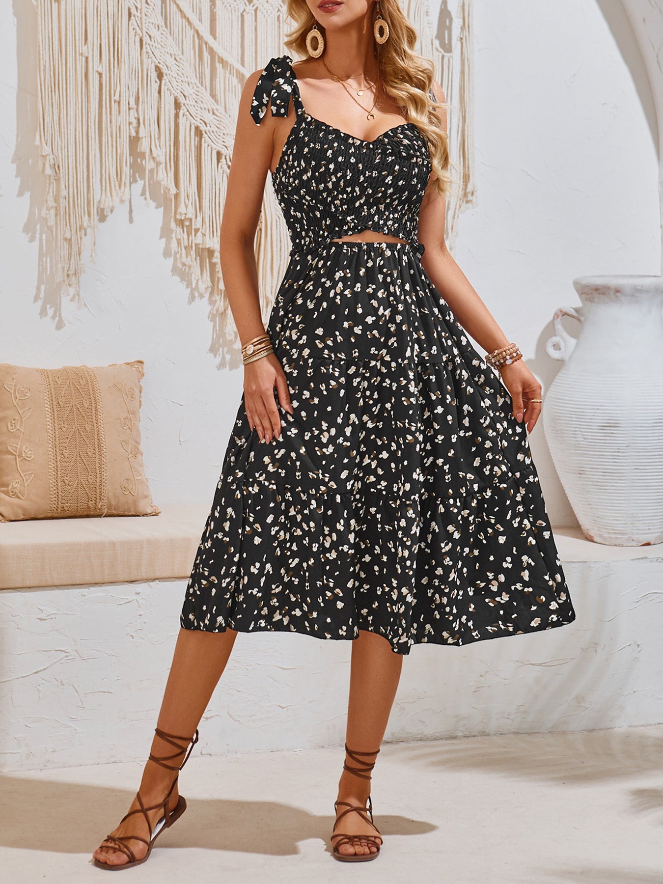 Women Clothing Spring Summer Printed Halter Dress Holiday Beach Dress