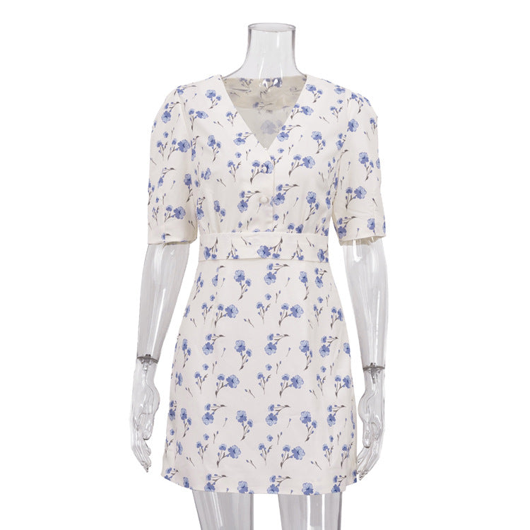 French Elegant Printed Short Word Dress Women V neck Short Sleeve High Waist Floral Dress
