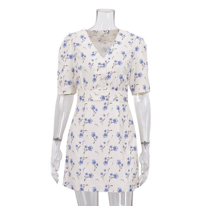 French Elegant Printed Short Word Dress Women V neck Short Sleeve High Waist Floral Dress