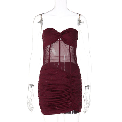 Women Clothing Sexy Mesh Stitching Hollow Out Cutout Slim Fit Rhinestone Ruffle Hip Dress for Women