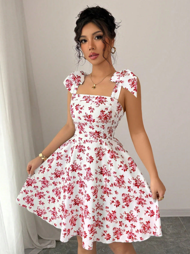 Women Clothing Floral Print High Waist Lace up Sweet A line Large Hem Dress