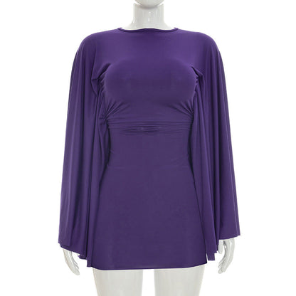 Women Clothing Summer Solid Color Casual Dolman Sleeve Bare Back round Neck Slim Fit Short Dress