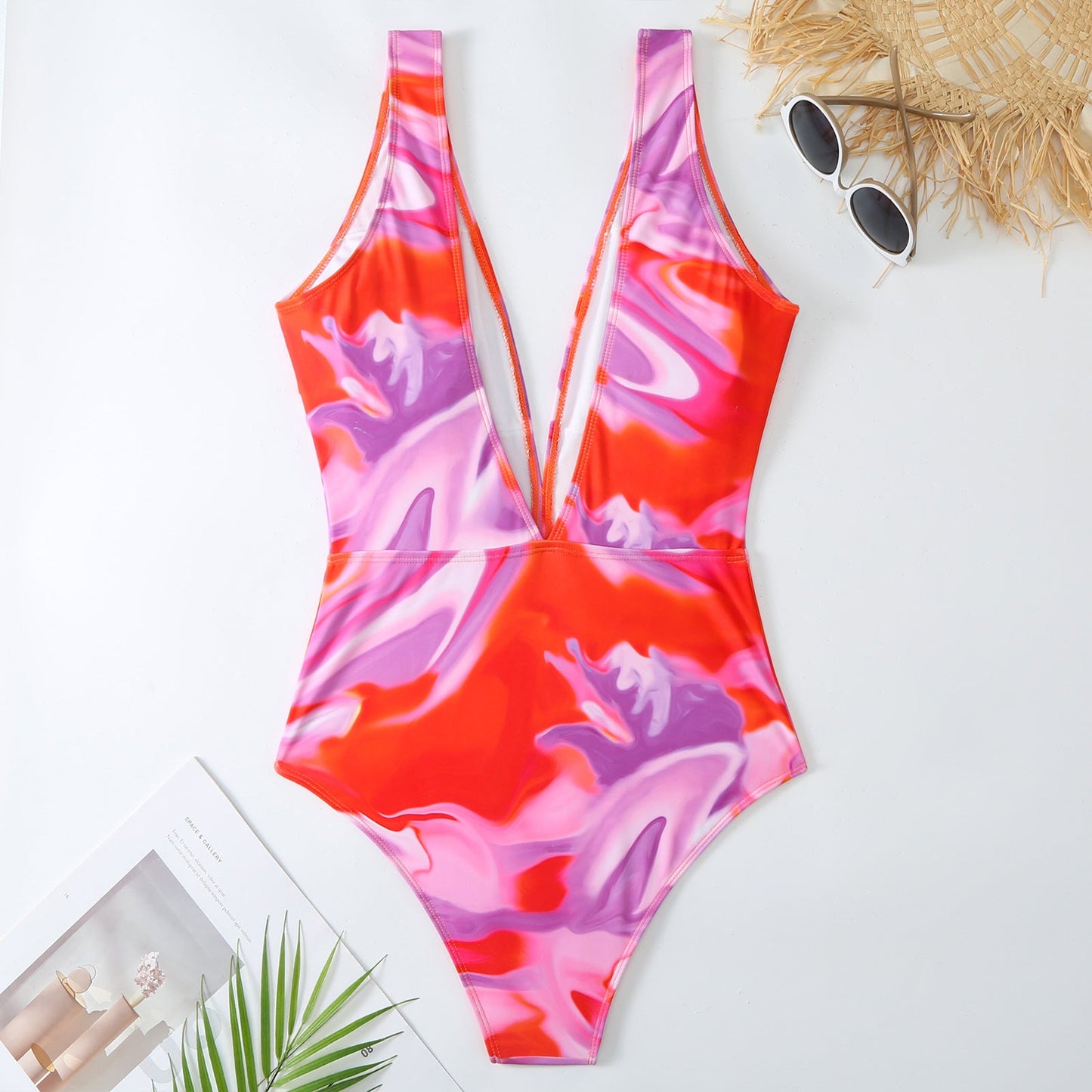 Retro One Piece Swimsuit Women Deep V Plunge Lace up Chiffon Skirt Set