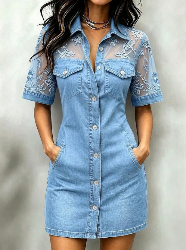 Summer Women Casual Patchwork Lace Denim Mini Dress