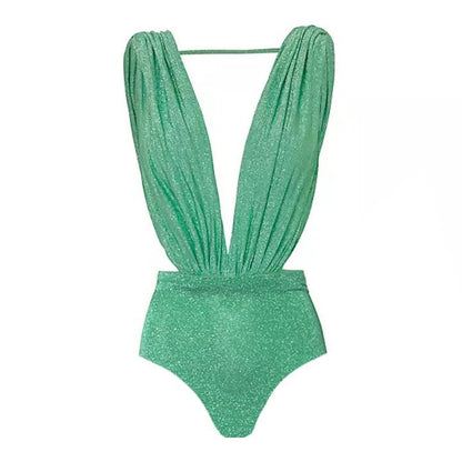 Solid Color Advanced Halter Shiny Surface One Piece Swimsuit Women