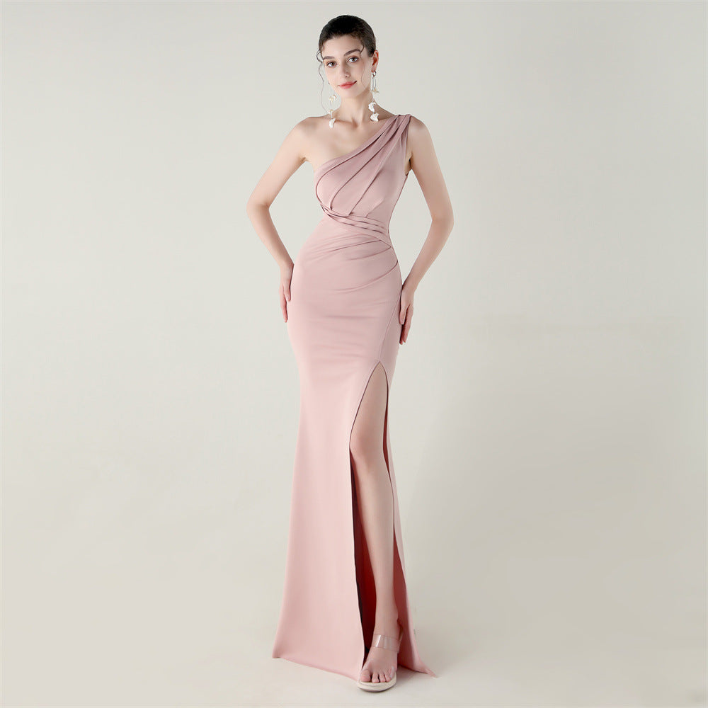 One Shoulder Slim Fit Satin Folding High Slit Sexy Evening Dress Fishtail Dress Dinner Wedding Social Networking