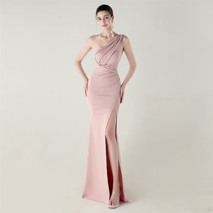 One Shoulder Slim Fit Satin Folding High Slit Sexy Evening Dress Fishtail Dress Dinner Wedding Social Networking
