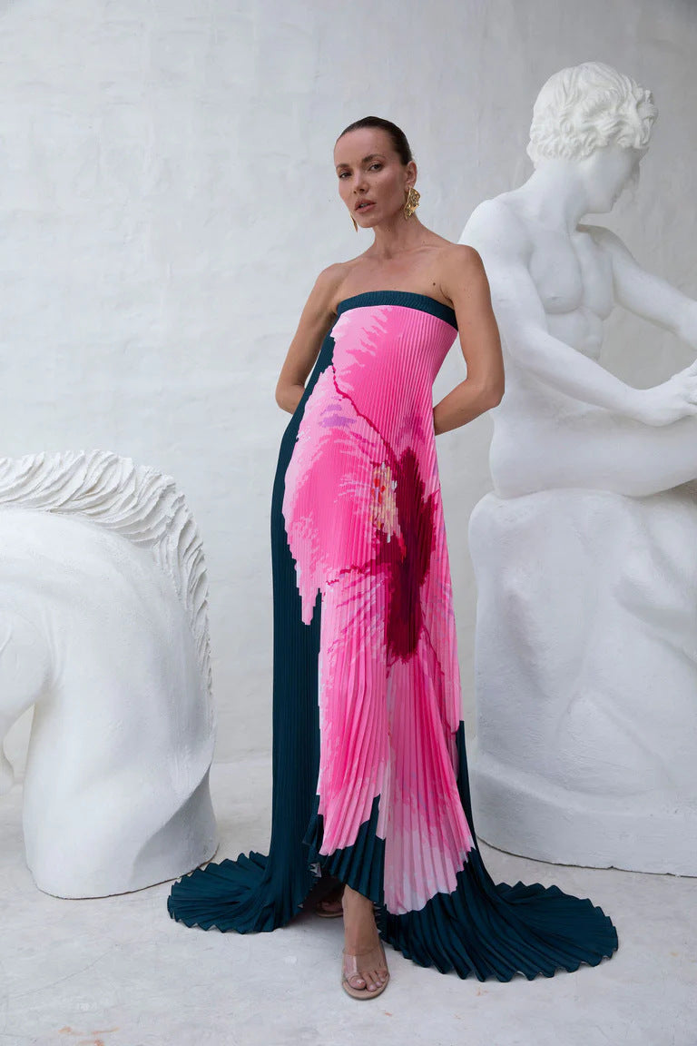 Summer Women Pleated Printed Backless Tube Top Large Swing Dress