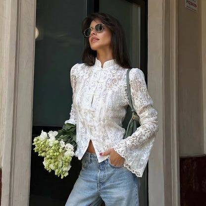 Lace Stitching See through Buckle Flare Sleeve T shirt Ruffles Slim Stand Collar Top Women