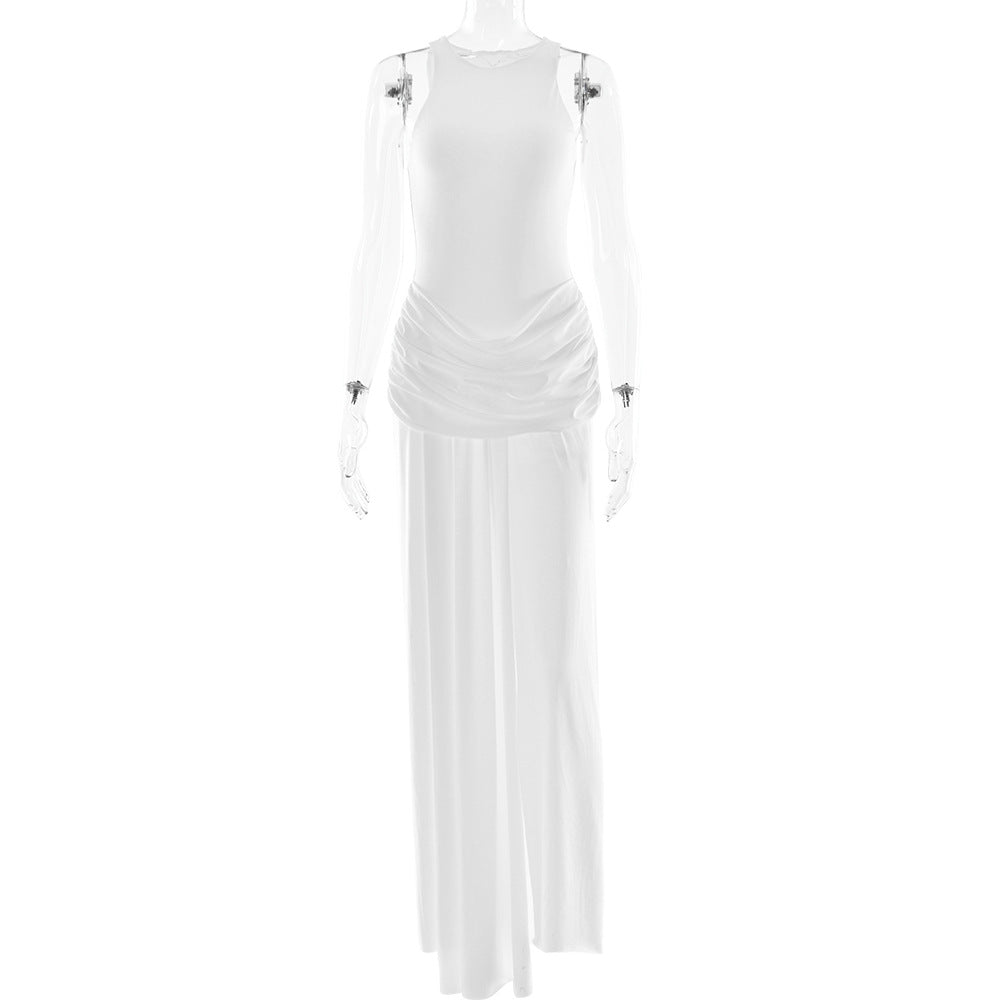 Summer Elegance Split Pleated Dress Sexy Sleeveless Solid Color Mop Dress