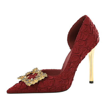 French Rhinestone Square Buckle Side Hollow Out Cutout Slip on Super High Heel Satin Gentle Elegant Stiletto Wedding Shoes