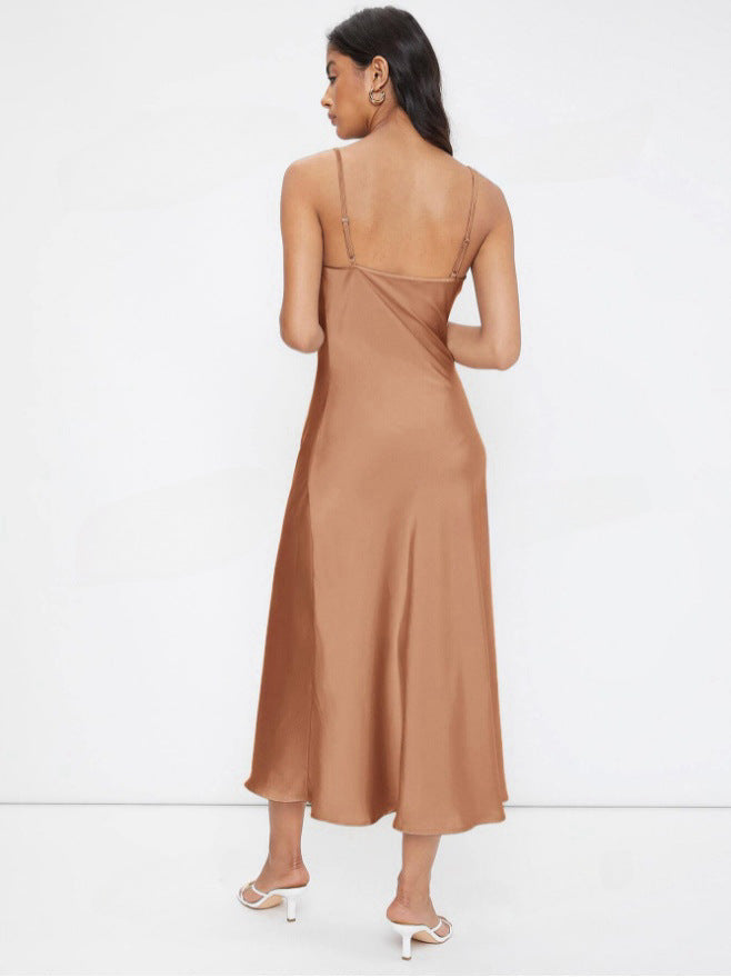 Women Clothing Spring Summer Satin Sling Deep V Plunge neck Slim Solid Color Dress