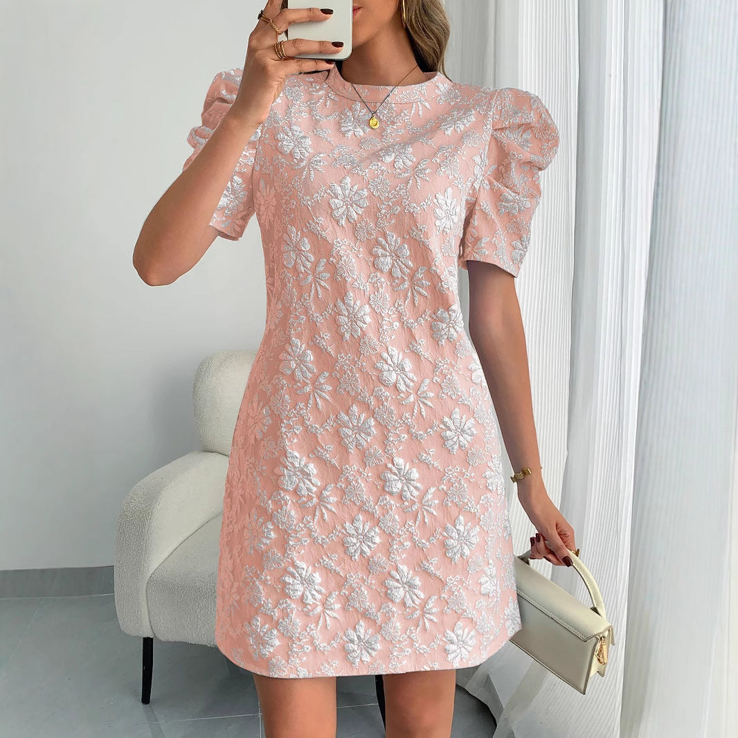 Summer Women Bubble Sleeve Texture Jacquard round Neck Retro Dress