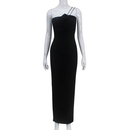 Women Clothing French Sexy Three Dimensional Floral Pleating Elegant Pure Hip Spaghetti Straps Dress