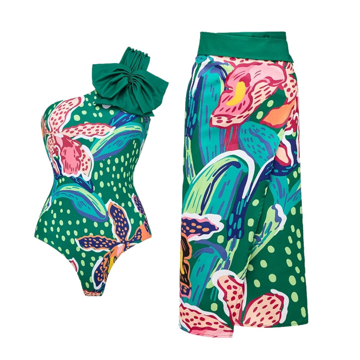 Women Bikini Abstract Printing High Waist Split Swimsuit Set