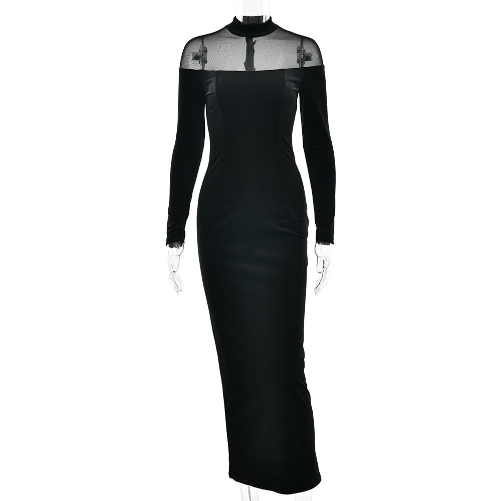 Autumn Winter Wear Voile See through Stitching Dress Sexy Tight Solid Color Dress