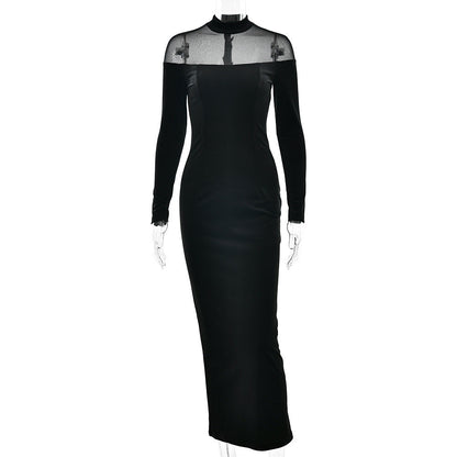 Autumn Winter Wear Voile See through Stitching Dress Sexy Tight Solid Color Dress