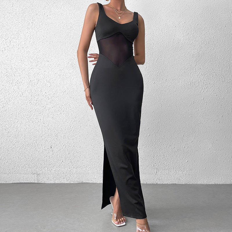 Milk Silk Stitching Mesh Cami Dress Sexy Split Backless Formal Dress Maxi Dress