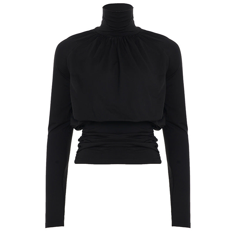 Dark Sexy Black with High Collar Long Sleeve Casual Top Short Waist Controlled Slimming Long Sleeve T shirt Women Autumn