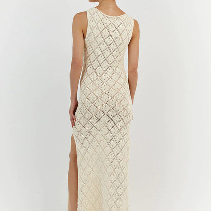 Women Clothing Sexy See through Crocheted Hollow Out Cutout Knitted Long Dress