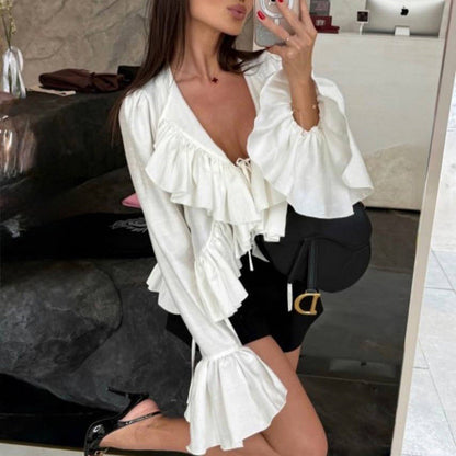 Women Clothing Spring Ruffled Flare Sleeve Tie Neck Top All Matching Shirt