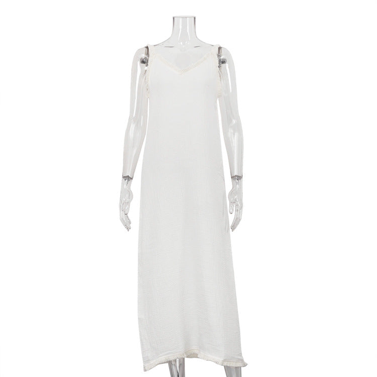 Women Clothing Fashionable Simple Casual Suspender Cotton Champray White V Collar Split Dress