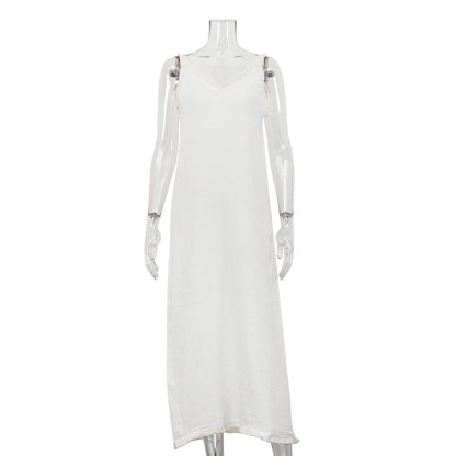 Women Clothing Fashionable Simple Casual Suspender Cotton Champray White V Collar Split Dress