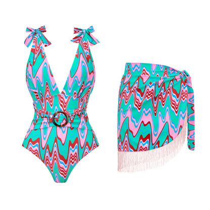 Spring Sexy Swimsuit Women Conservative Printed Swimsuit Wrap Skirt Set