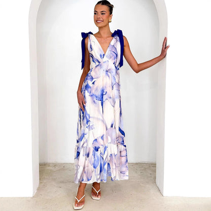 Summer Women Maxi Dress V neck Sleeveless Printed Dress