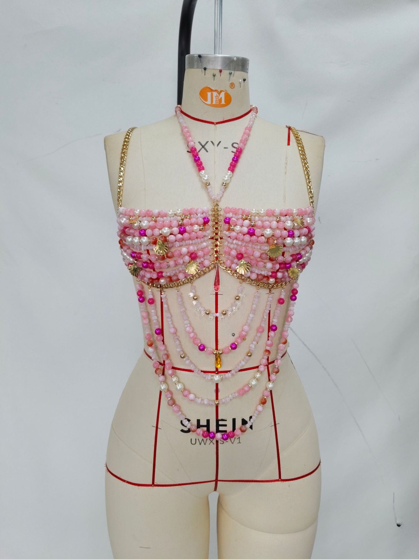 Women Pink Crystal Body Cha Metal Gemstone Shell Sexy Colorful Chest Necklace