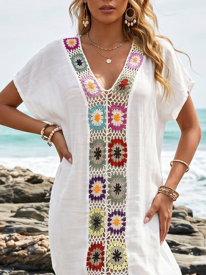 Women Clothing Crocheted Random Mixed Color Stitching Sexy Beach Blouse