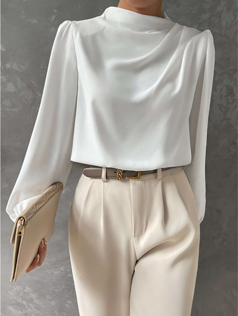 Solid Color Pleated Women Shirt Elegant Pullover Satin Top Office Long Sleeve Top