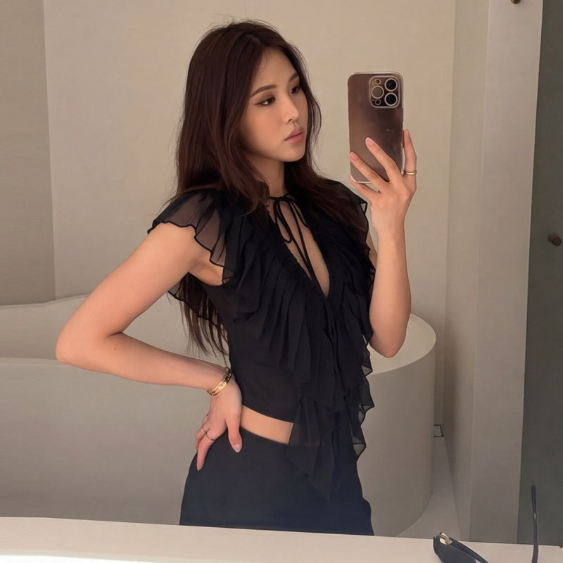 Women Clothing Summer Sexy Deep V Plunge neck Flounce Stitching Strap Sleeveless T shirt Top