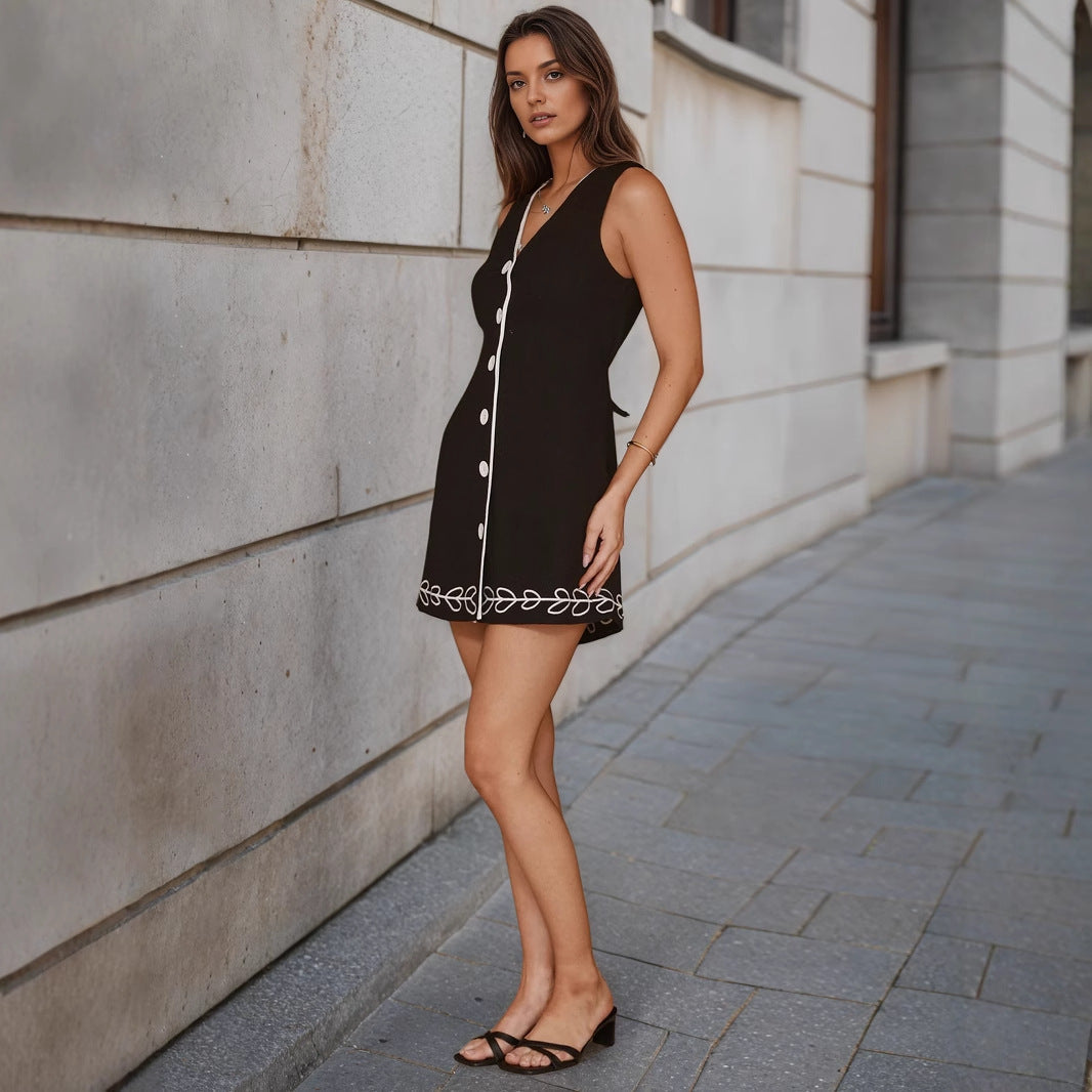 Elegant Slim Vest V neck Sleeveless Single Breasted Slimming Embroidery Dress