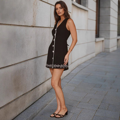 Elegant Slim Vest V neck Sleeveless Single Breasted Slimming Embroidery Dress