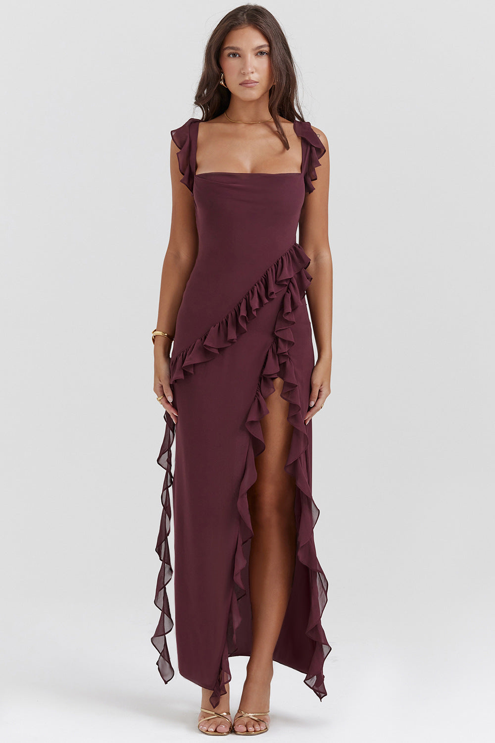 Summer French Strap Wooden Ear Sexy Split Printing Dress