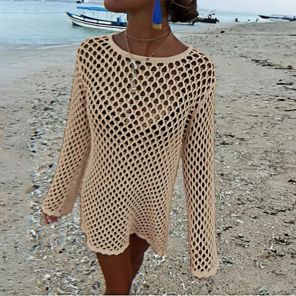 Knitted Hollow Out Cutout Sexy Sun Protection Shirt Bikini Cover-up Women Swimsuit Blouse Vacation Beach Outer Pullover