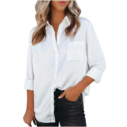 Spring Summer Solid Color Long Sleeve Office Collared Long Sleeve Shirt Solid Color Cardigan Satin Shirt
