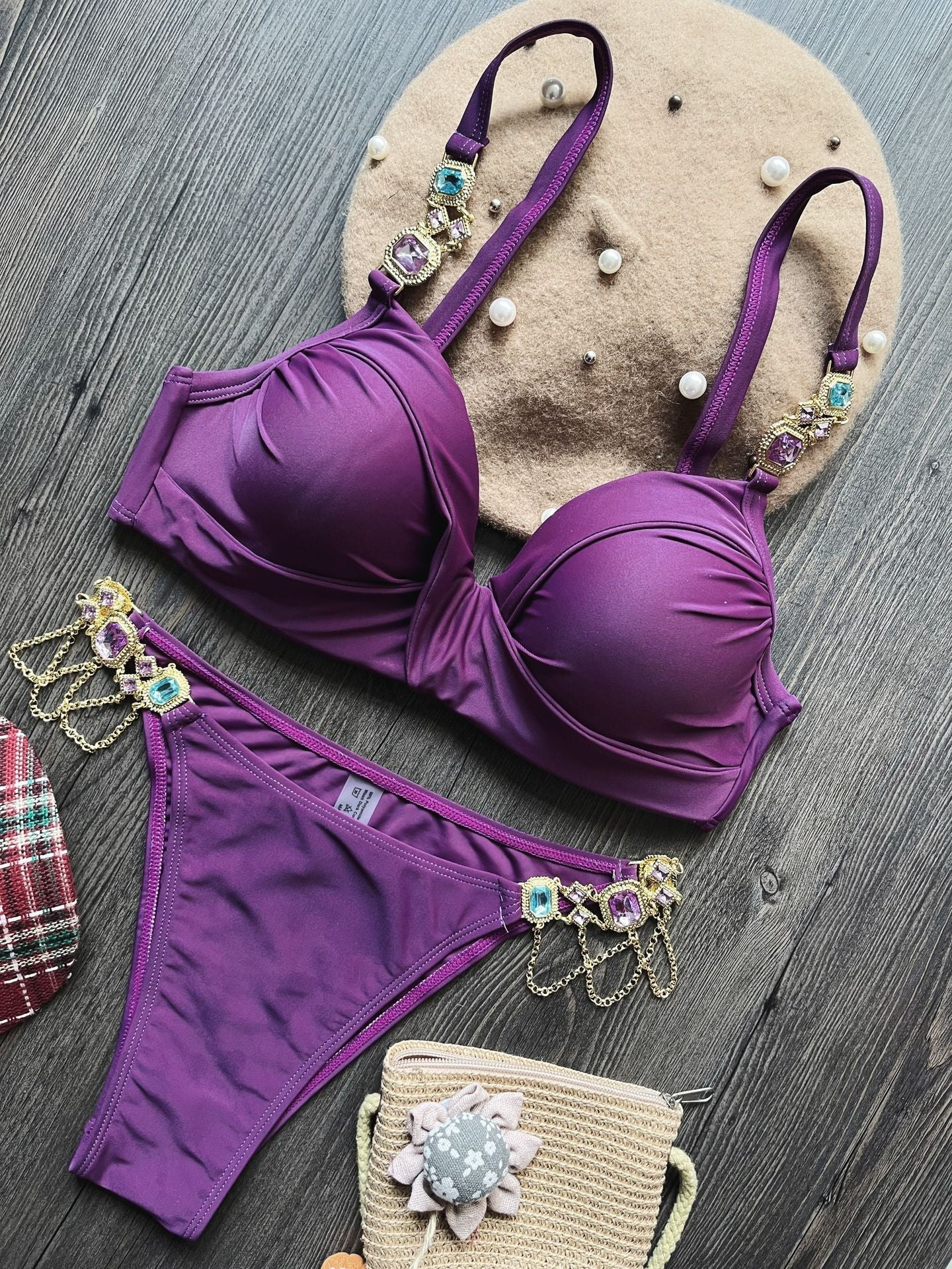 Gathering Steel Bracket Solid Color Bikini Sexy Crystal Diamond Swimsuit Split Swimwear Women