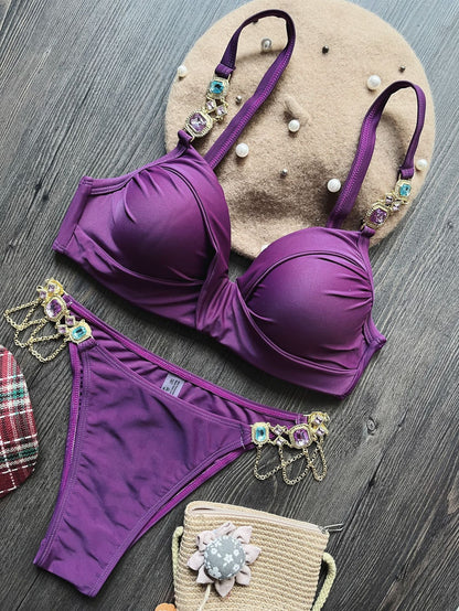 Gathering Steel Bracket Solid Color Bikini Sexy Crystal Diamond Swimsuit Split Swimwear Women
