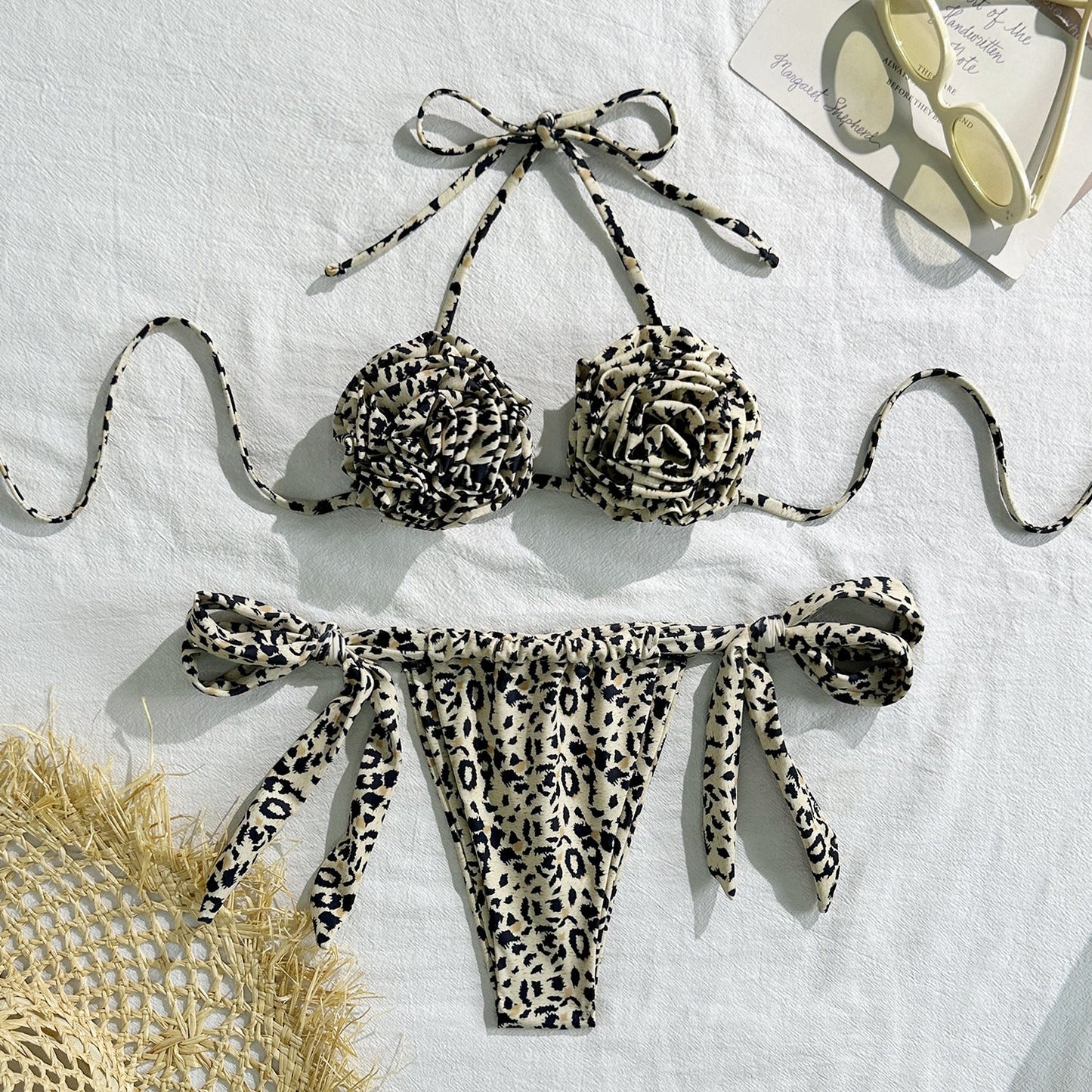 Leopard Print Floral Sexy Drawstring Strap Split Swimsuit Swimwear Bikini