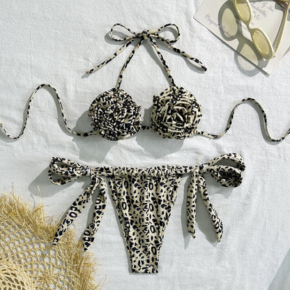 Leopard Print Floral Sexy Drawstring Strap Split Swimsuit Swimwear Bikini