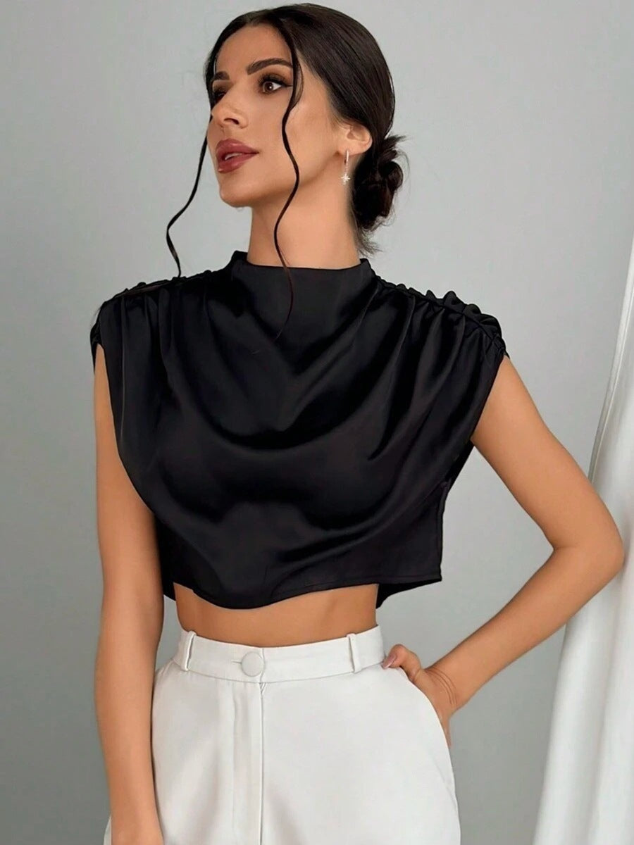 Women Clothing Pleated Batwing Sleeve Satin Shirt Stand Alone Satin Artificial Silk Short Top