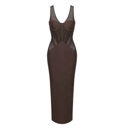 Black Mesh Stitching See through Sleeveless Sheath Dress Sexy Waist Trimming Slim Dress