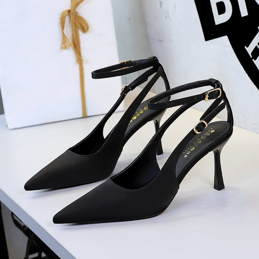 Sexy Leopard Print Stiletto Heels Women Pointed Toe Satin Hollow Out Cutout out Strap Classy Shoes
