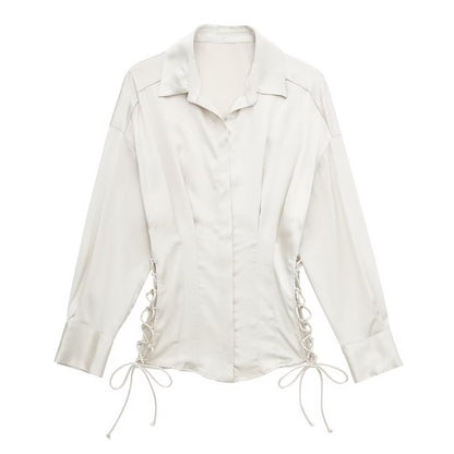 Autumn Women Long Sleeve Lace up Slim Fit Satin Shirt