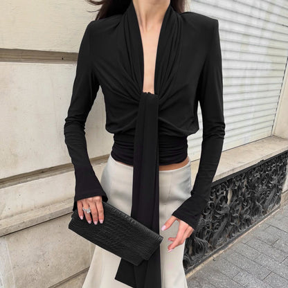 Sexy Low Cut Knitted T shirt Women Autumn Cross Tied Long Sleeves Slim Fit Slim Sexy Top