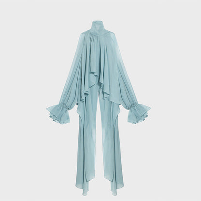Autumn Tops Women Sweet Fresh Korean Casual Irregular Asymmetric Stand Collar Loose Solid Color Halter Shirt