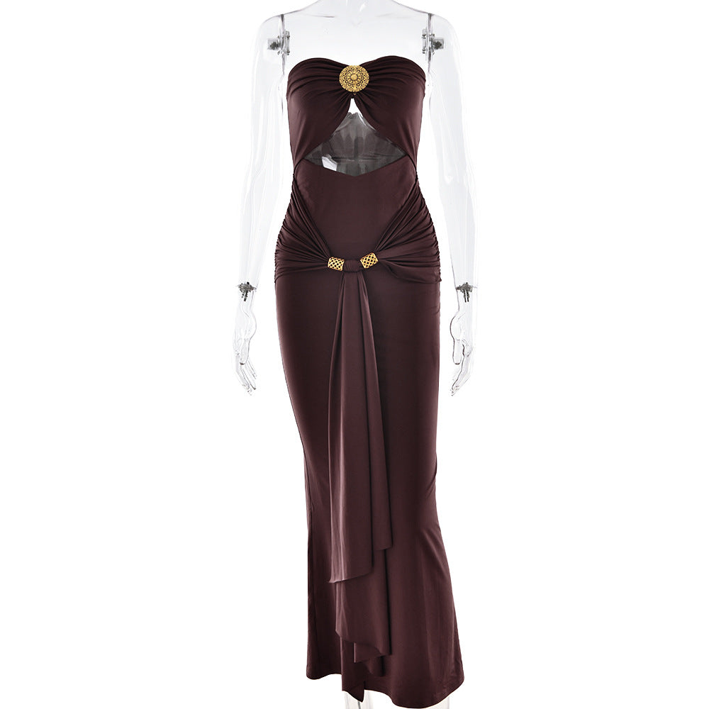 Summer Sexy Package Hip Maxi Dress Sexy Tube Top Solid Color Pleated Dress